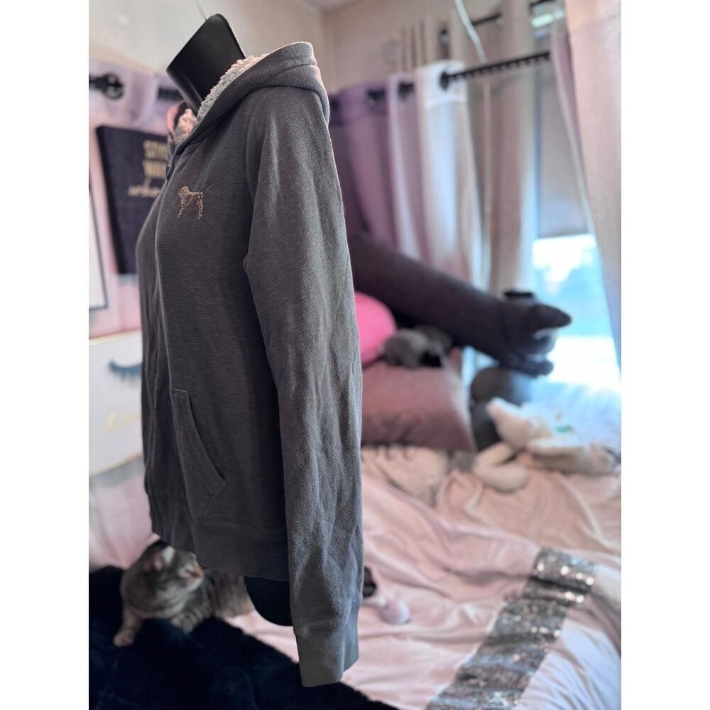 victorias vs victorias secret pink fur lined hooded full zip bling logo hoodie - Picture 4 of 6